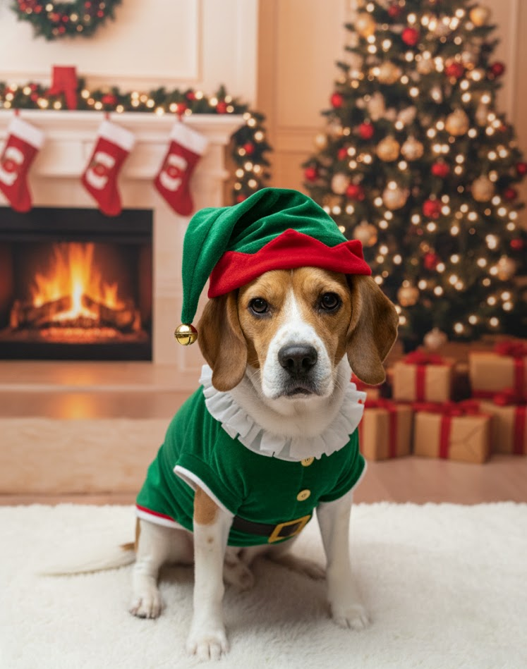 A happy dog in a cozy home environment