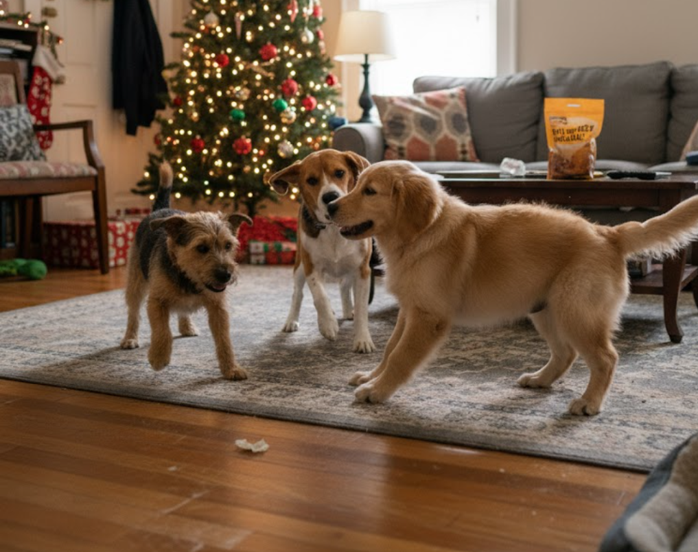 Happy dogs playing in a Christmas-themed setup